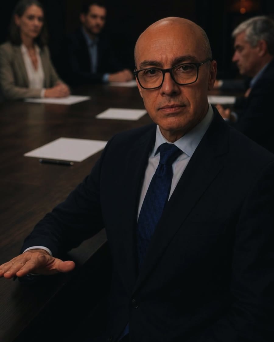 Clone digital de Jean Pierre numa sala de reunião, de terno, falando para a câmera