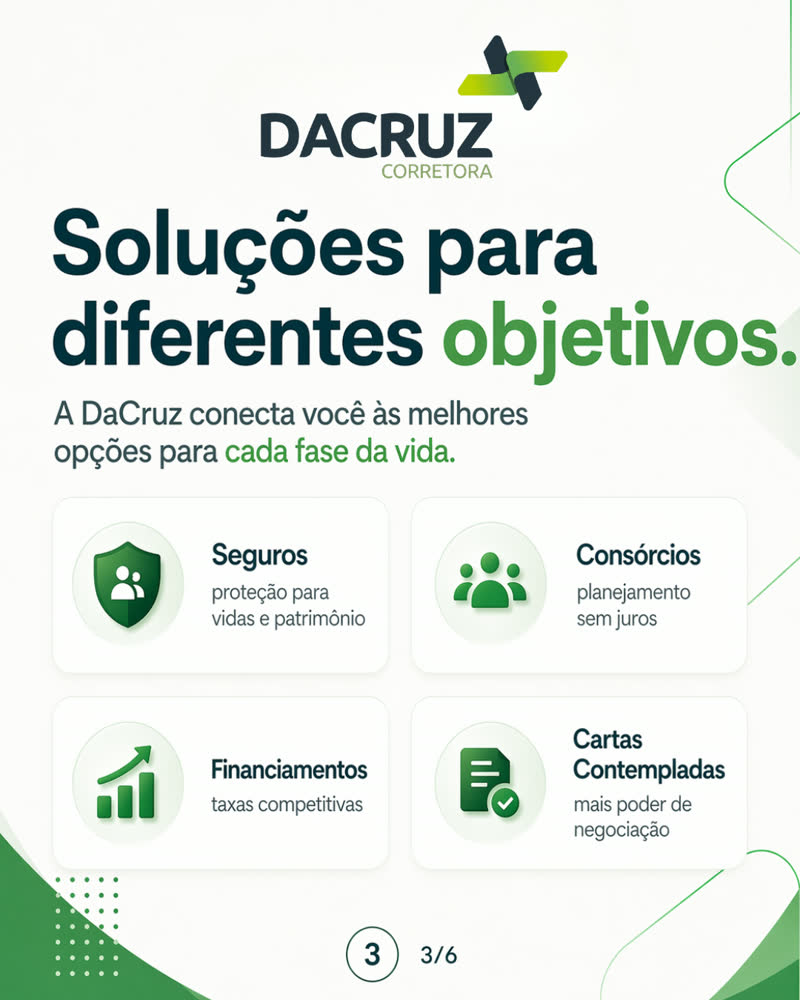 Lâmina 3: soluções para diferentes objetivos — seguros, consórcios, financiamentos e cartas contempladas