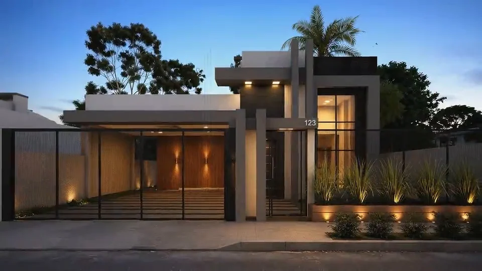 A mesma fachada renderizada ao anoitecer, com portão, jardim e luz quente na entrada