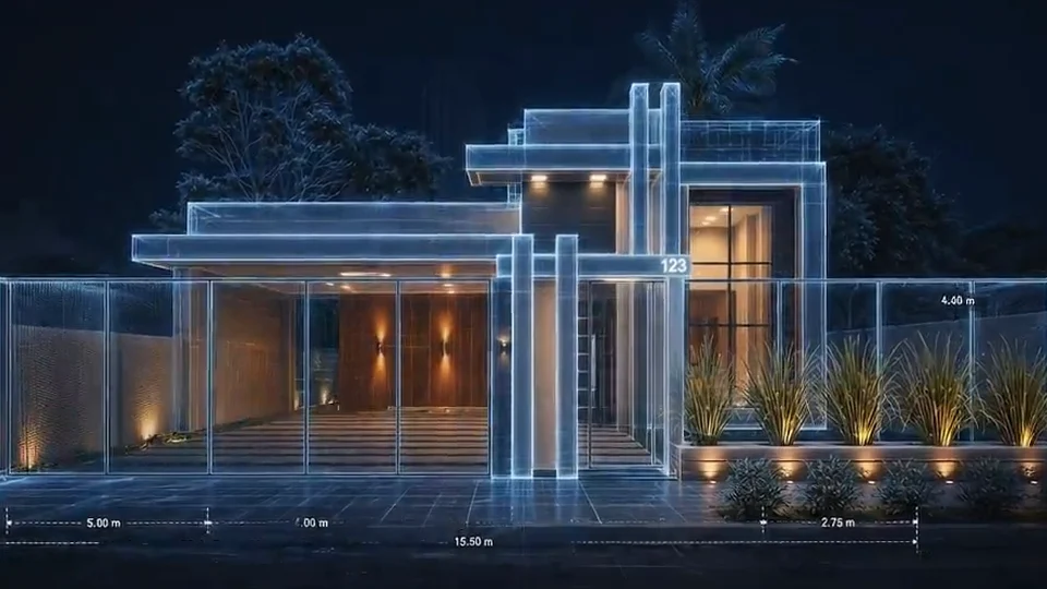 Fachada de uma residência em projeção de linhas azuis, com as cotas desenhadas