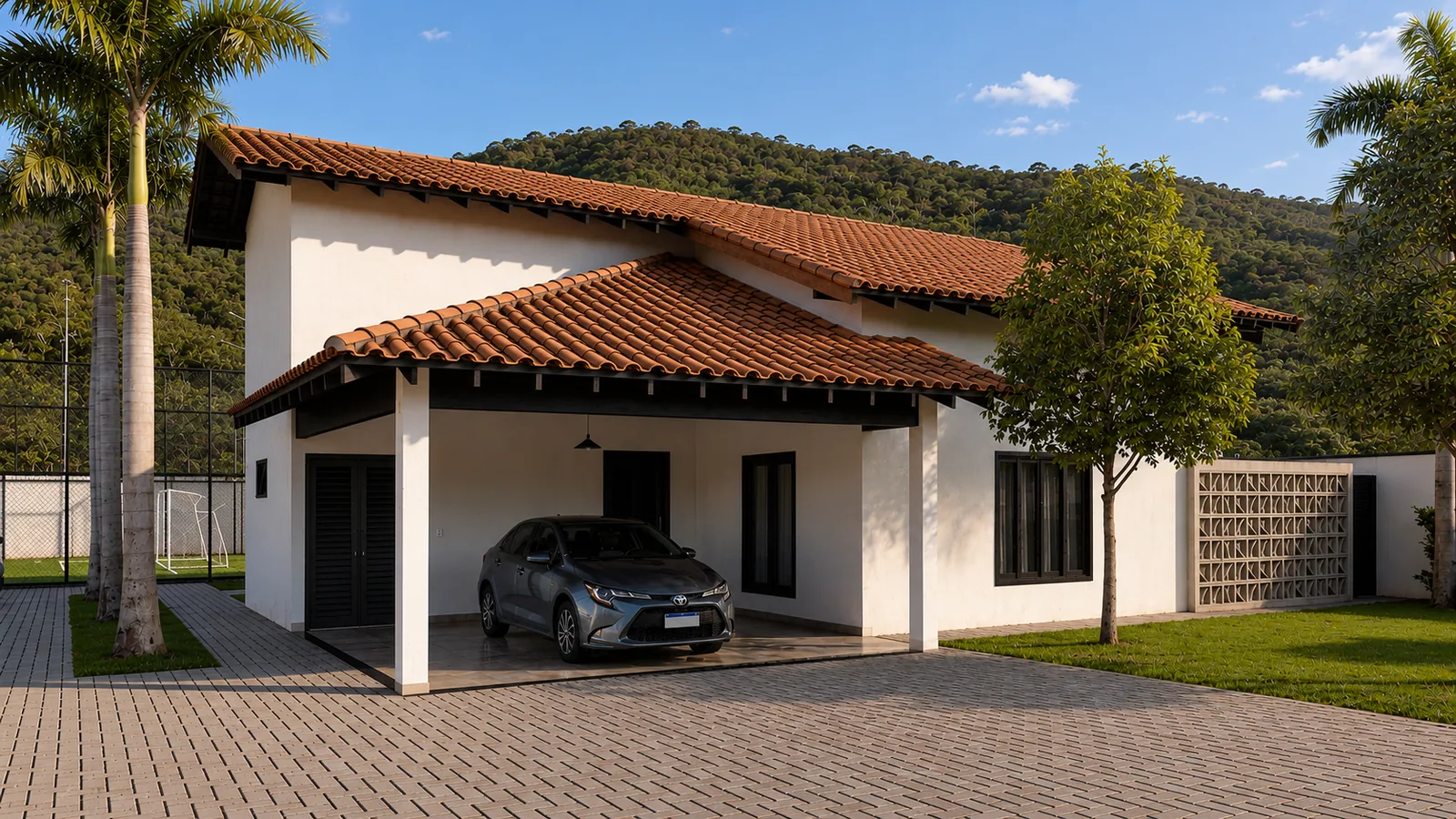 Render 3D da fachada frontal da residência