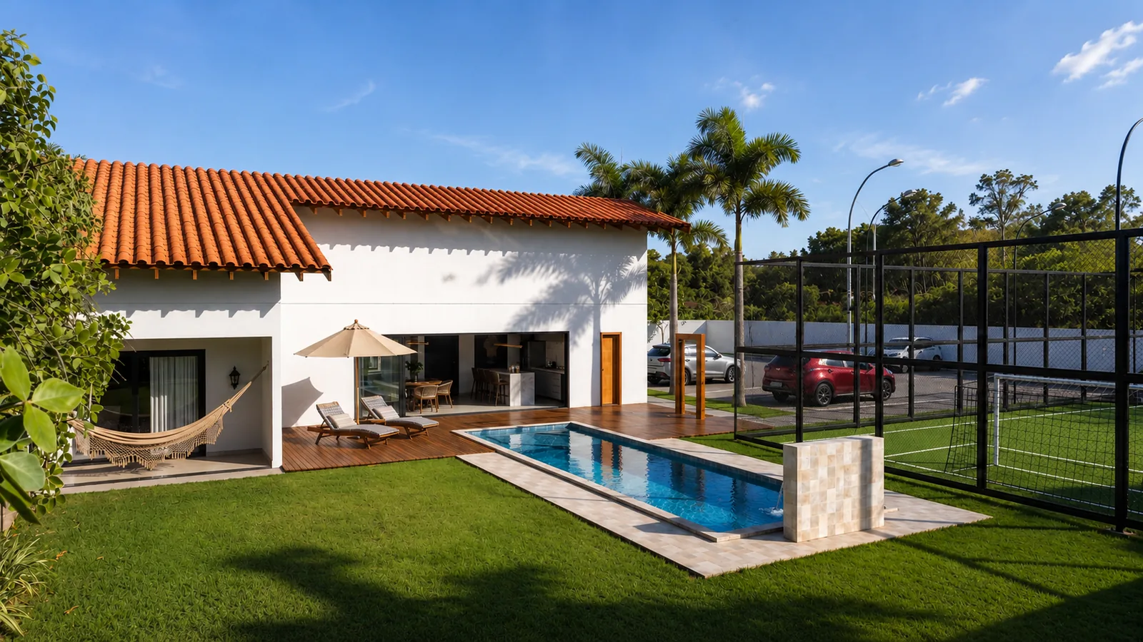 Render 3D da área de lazer com piscina