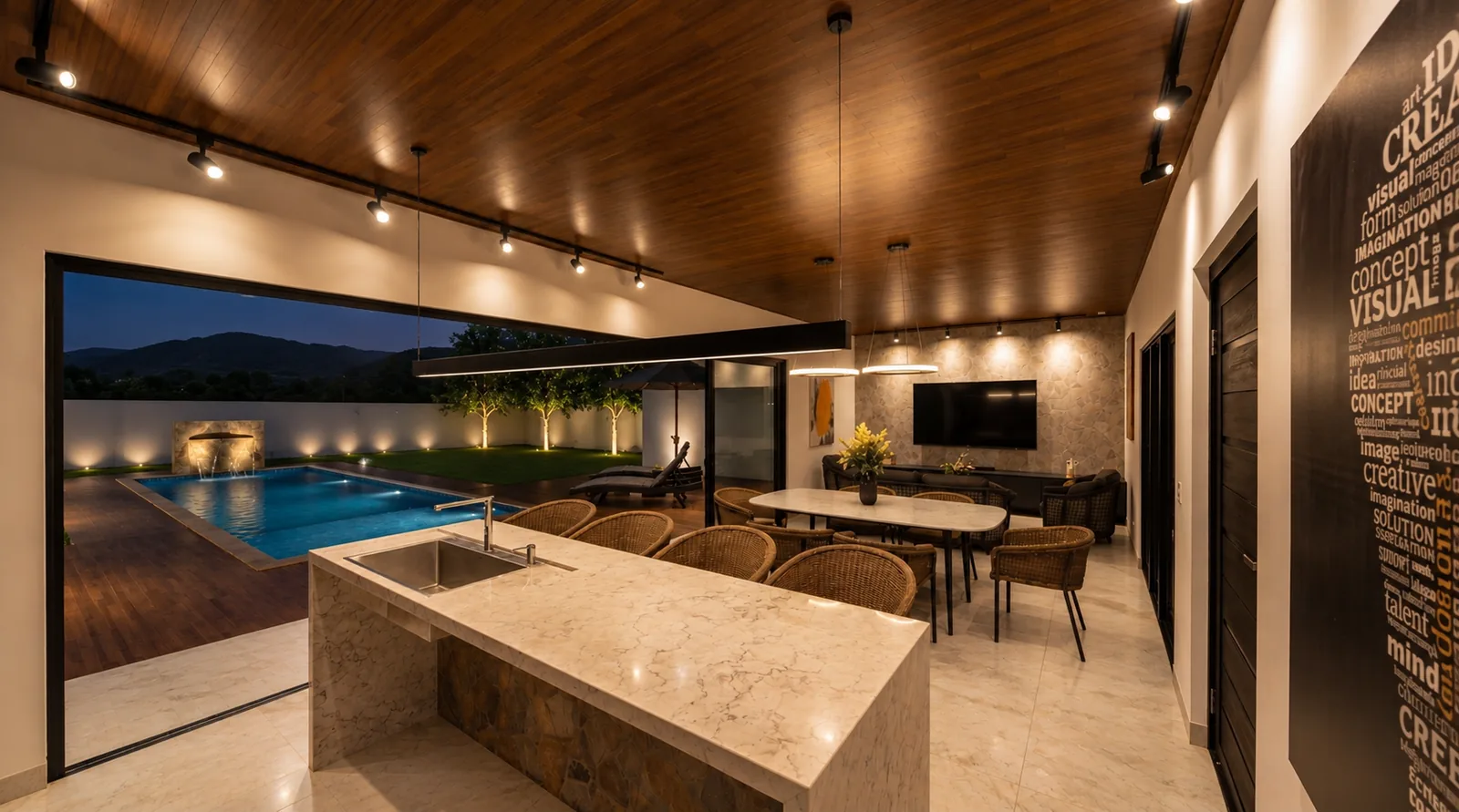 Render 3D do espaço gourmet com vista para a piscina