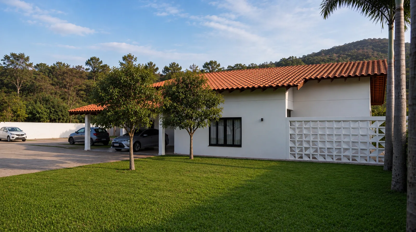 Render 3D da lateral da casa com jardim