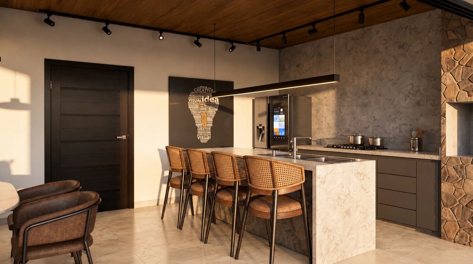 Render 3D da varanda gourmet com bar