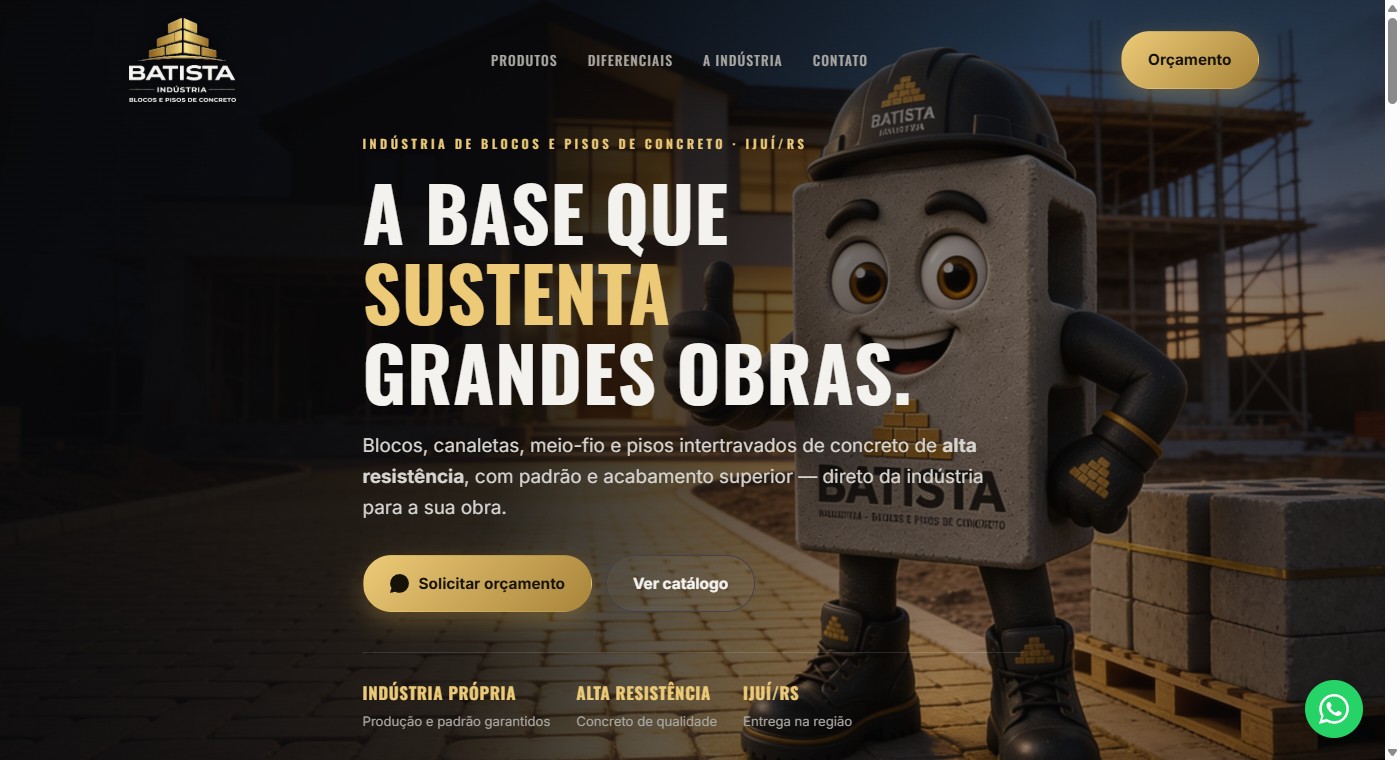 Tela inicial do site da Batista Indústria, blocos e pisos de concreto