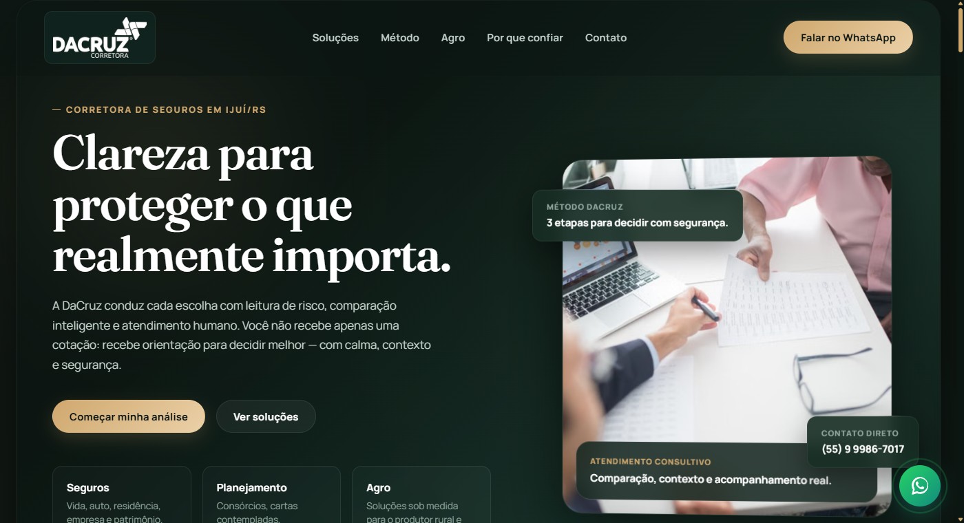 Tela inicial do site da DaCruz Corretora de Seguros