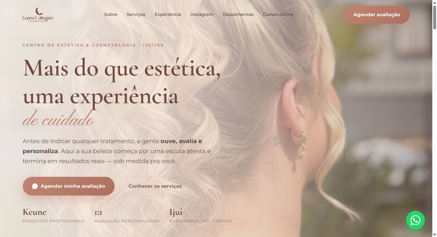Tela inicial do site da Luana Callegaro, centro de estética e cosmetologia