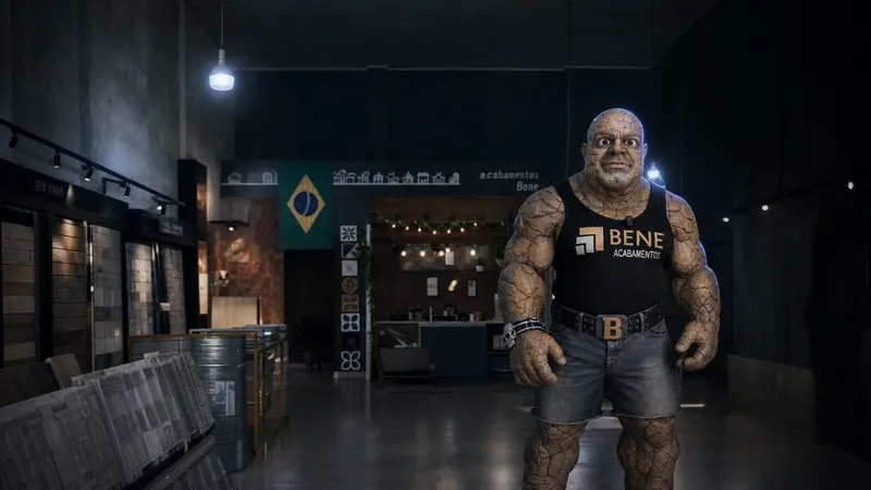 Personagem de marca da Bene Acabamentos, com a camiseta da loja, no salão de revestimentos