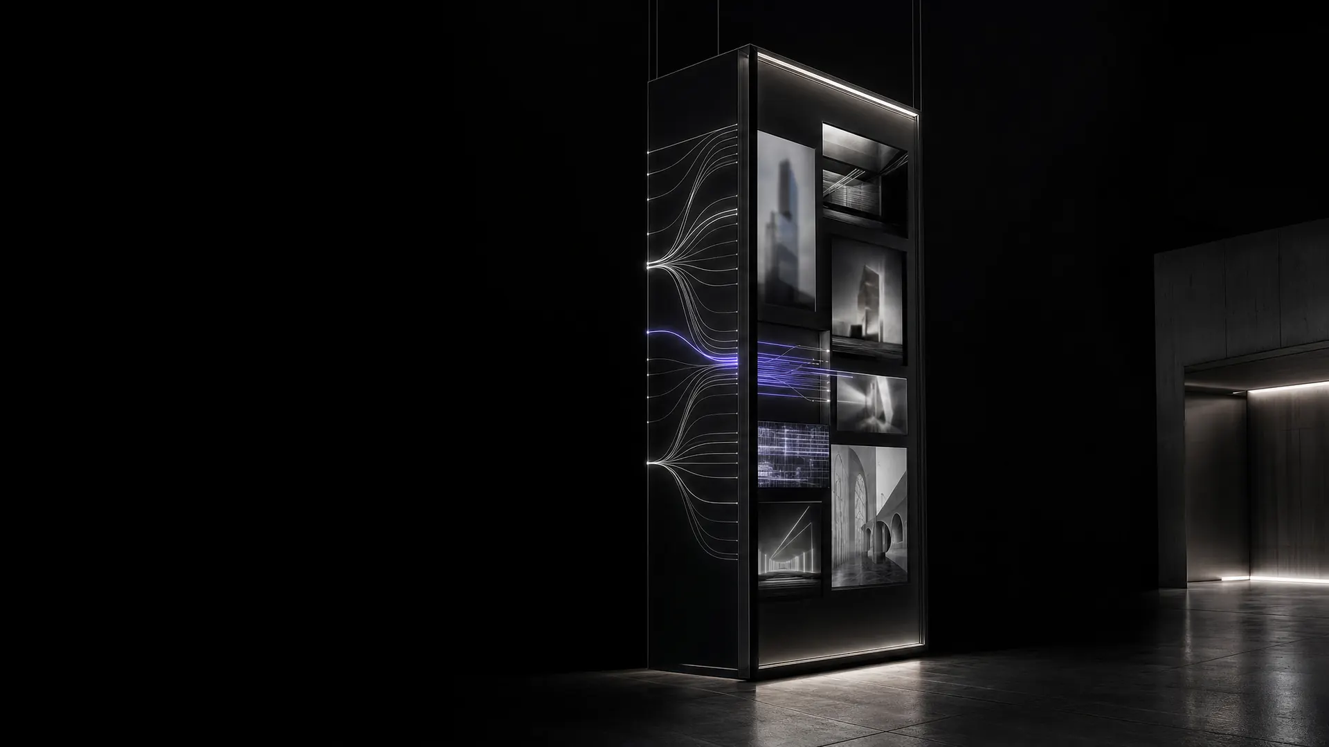 Painel vertical escuro de vidro fumê e metal preto, suspenso num espaço preto: de um lado, quadros de filme e render; do outro, linhas finas de luz que representam dados e sistemas, com um único traço violeta.