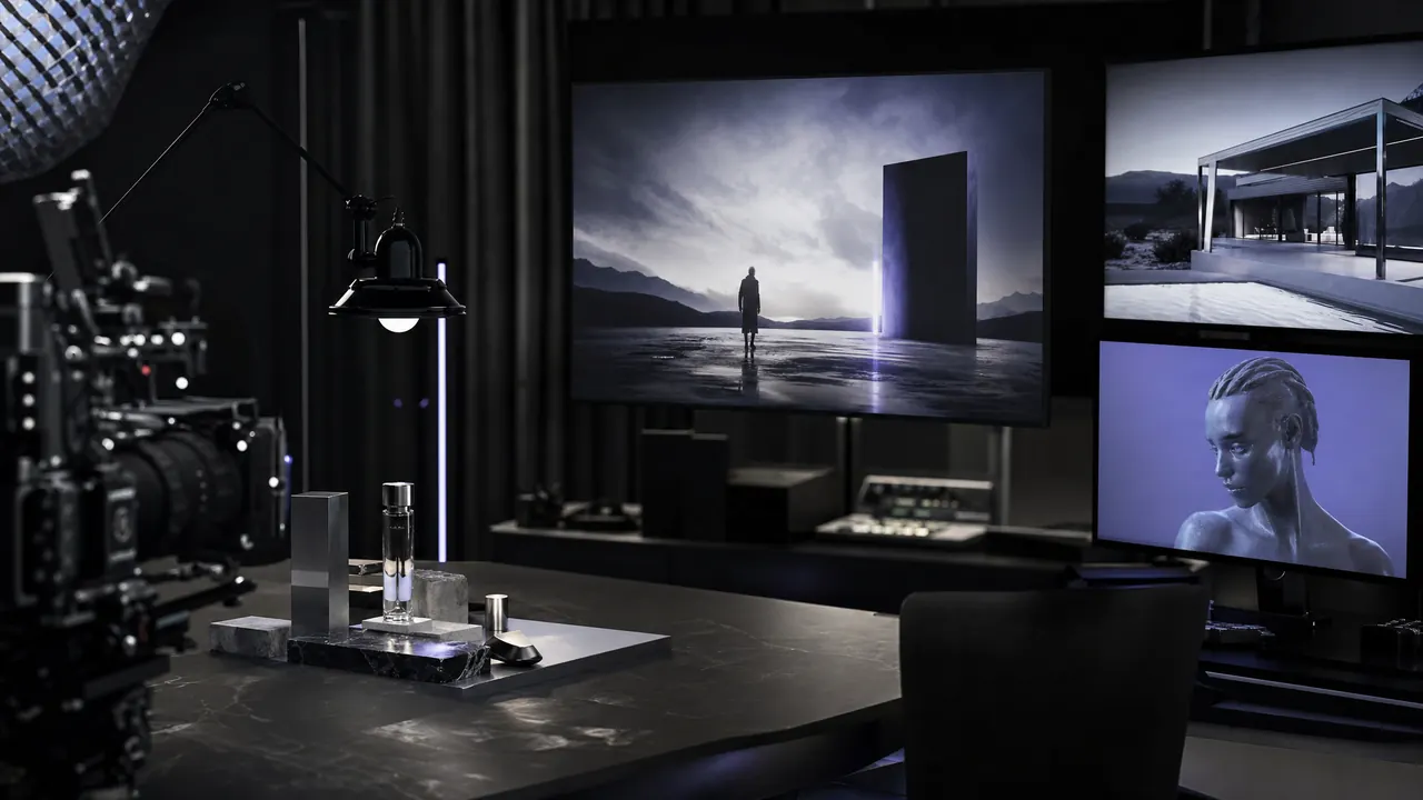 Estúdio escuro da Erisen: monitor grande com um frame de cinema, câmera de cinema em primeiro plano, mesa com frascos de produto, tela com render de arquitetura e outra com um personagem digital