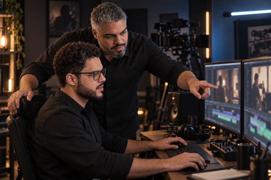 Erick Antunes, em pé, aponta para o monitor enquanto Adelir Jr. edita um filme na mesa de produção da Erisen, numa sala escura com câmera de cinema ao fundo.